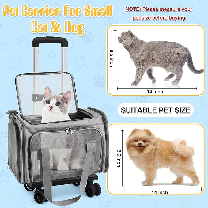 Paterr Cat Carrier with Wheels Pet Carrier with Wheels, Airline Approved Pet Carrier for 18 Lbs Cats Dogs Foldable Breathable Cat Small Animals Travel Carrier for Flight Camping Outdoor