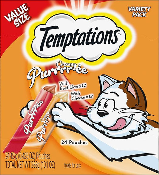 Temptations Creamy Puree Squeezable Lickable Wet Cat Treat Variety Pack, 0.42 oz. Tubes, Pack of 24