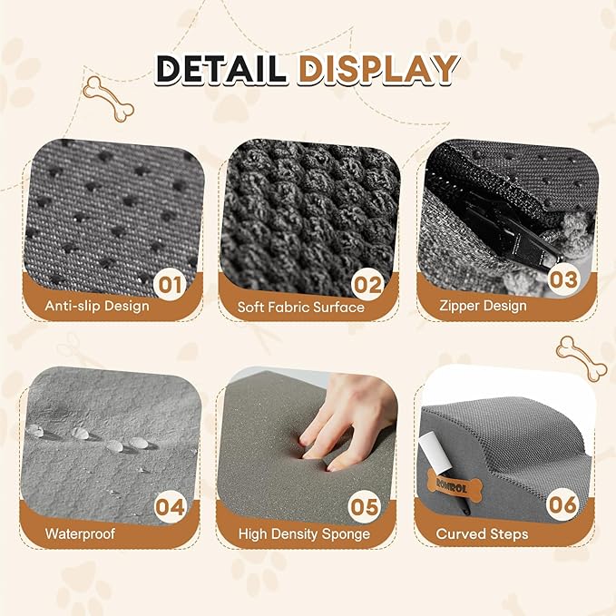 High Density Foam Dog Stairs Ramp for Beds Couches 2-Tiers, Grey