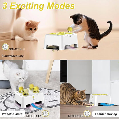 Interactive Cat Toys, 2-in-1 Automatic Cat Toy, 4 Holes Mice Whack A Mole Cat Mouse Toy with Moving Feather, Portable USB Rechargeable Electronic Kitten Toys (White & Yellow)