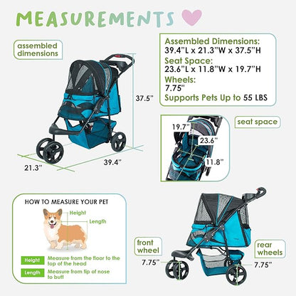 Petique Durable Pet Stroller, Easy Fold, Quality mesh Windows, Large Storage Basket, Secure Cup Holder Tray, for Small to Medium Dog, Cat, Bunny, Supports Pets up to 55LBS - Mermaid (Blue)