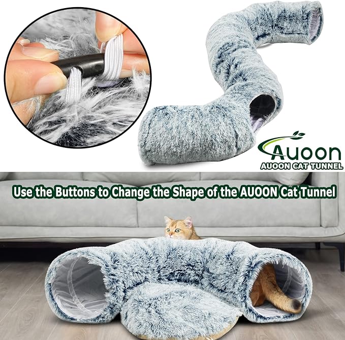 AUOON Cat Tunnel Bed with Central Mat,Big Tube Playground Toys,Soft Plush Material,Full Moon Shape for Kitten,Cat,Puppy,Rabbit,Ferret (Gray)