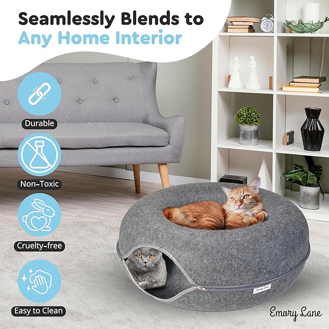 Emory Lane - Premium Cat Cave for Small Pets, Multifunctional Donut Tunnel Bed for Indoor Pets, Round Felt Pet Cave with Premium Zipper, for Pets up to 40 Lbs (24x24x11 Inch) (Dark Gray)