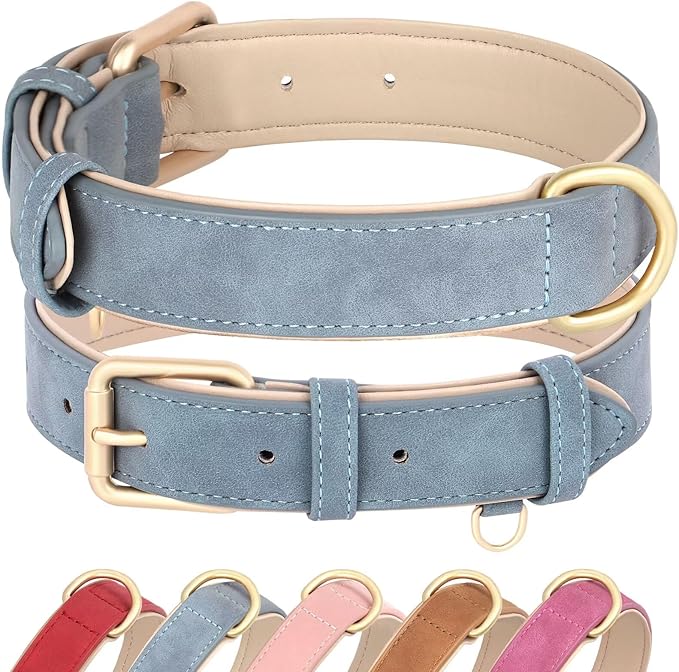 Didog Soft Padded Leather Dog Collar, Adjustable Dog Collar for Large Dogs, Heavy Duty Dog Largr Collar Leather with Metal Buckle and D Ring,Blue,XL