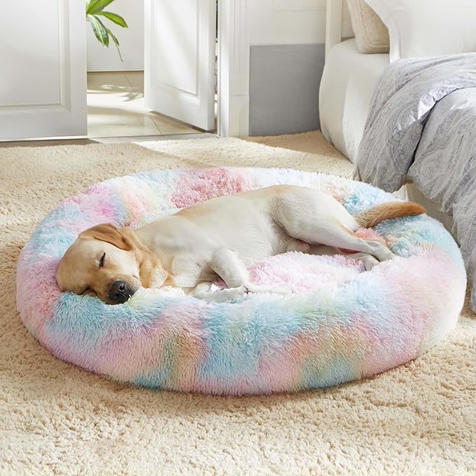 WESTERN HOME WH Calming Dog & Cat Bed, Anti-Anxiety Donut Cuddler Warming Cozy Soft Round Bed, Fluffy Faux Fur Plush Cushion Bed for Small Medium Dogs and Cats