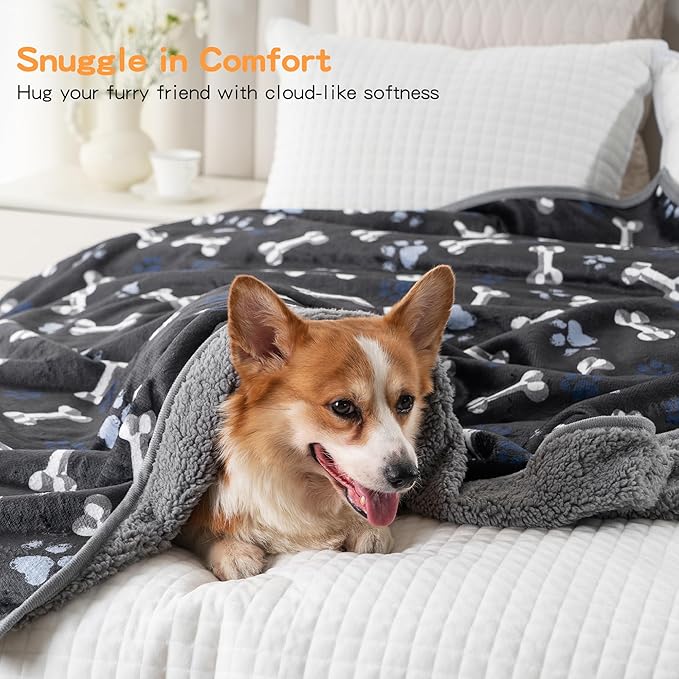 Waterproof Dog Blankets Pet Blanket 50"x60", Soft Fluffy Sofa Car Bed Protector, Reversible Sherpa Fleece Dog Blanket for Large Dogs (Navy Paws)