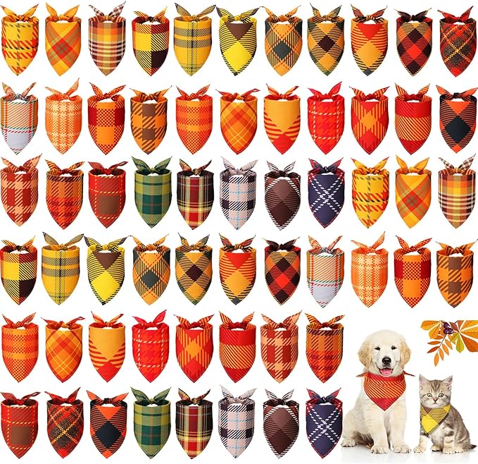 Sweetude 60 Pcs Fall Thanksgiving Plaid Dog Bandanas