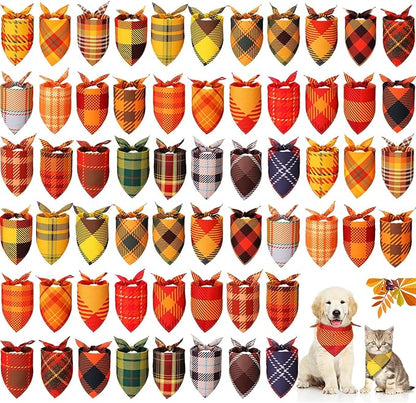 Sweetude 60 Pcs Fall Thanksgiving Plaid Dog Bandanas