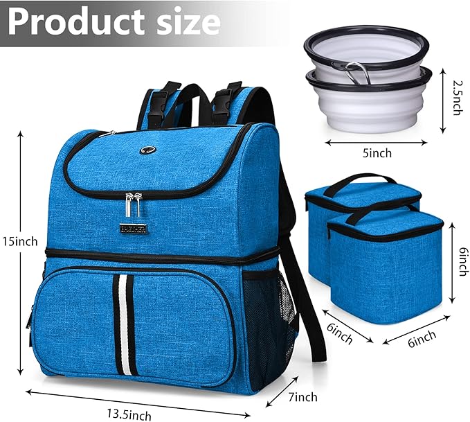 BAGLHER Pet Travel Bag, Double-Layer Pet Supplies Backpack (for All Pet Travel Supplies), Pet Travel Backpack with 2 Silicone Collapsible Bowls and 2 Food Baskets Blue