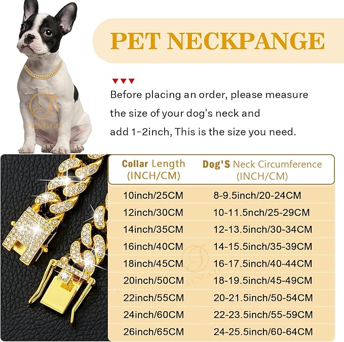 Gold Dog Chain Collar Diamond Cuban Link Dog 13mm Wide Cats(12inch)