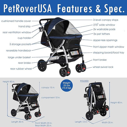 HPZ Pet Rover Premium Heavy Duty Dog/Cat/Pet Stroller Travel Carriage With Convertible Compartment/Zipperless Entry/Reversible Handle/Pump-Free Rubber Tires for Small