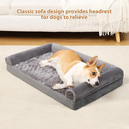 Orthopedic Dog Bed Medium Size Dog Waterproof Dog Bed Washable Dog Couch Egg Foam Dog Crate Bed with Removable Bolsters & Nonslip Bottom 29" x 18" x 6", Grey
