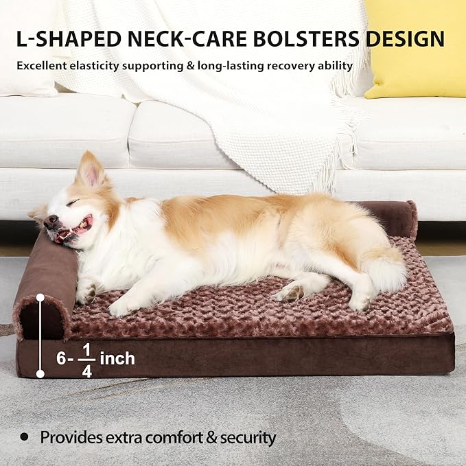 Orthopedic Dog Bed Deluxe Plush L-Shaped Dog Couch Beds with Waterproof Lining Bolster Dog Sleeping Sofa with Removable Washable Cover & Nonskid Bottom Pet Bed for Medium Large Jumbo Dogs 36 x 27 Inch