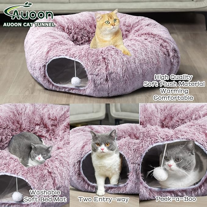 AUOON Cat Tunnel Bed with Central Mat,Big Tube Playground Toys,Soft Plush Material,Full Moon Shape for Kitten,Cat,Puppy,Rabbit,Ferret (Rosiness)