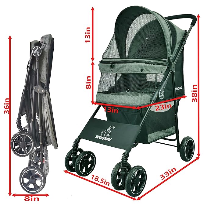 ROODO Dog Stroller 4 Wheel Pet Stroller Cat 30lbs(Cationic ash)