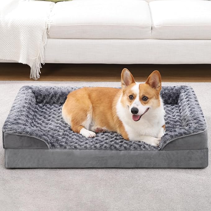 KSIIA Orthopedic Dog Bed Medium Size Dog Couch Waterproof Dog Bed Washable Dog Bed Egg Foam Pet Bed with Removable Bolster & Nonskid Bottom Medium Dog Bed Sofa 29 x 18 x 6 Inch