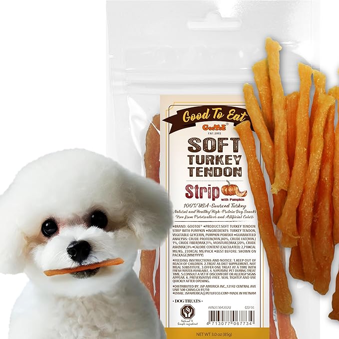 Gootoe Soft Turkey Tendon Dog Treats – 100% USA-Sourced, Natural Snack, Premium Training Chews, Hypoallergenic, Reseal Value Bags, Ideal for Small & Senior Dogs, Soft Strip with Pumpkin 3oz/Pack