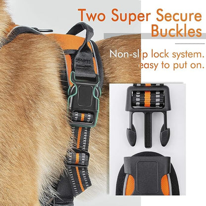 rabbitgoo Dog Harness, No-Pull Pet Harness with 2 Leash Clips, Adjustable Soft Padded Dog Vest, Reflective No-Choke Pet Oxford Vest with Easy Control Handle for Large Dogs, Orange, XL