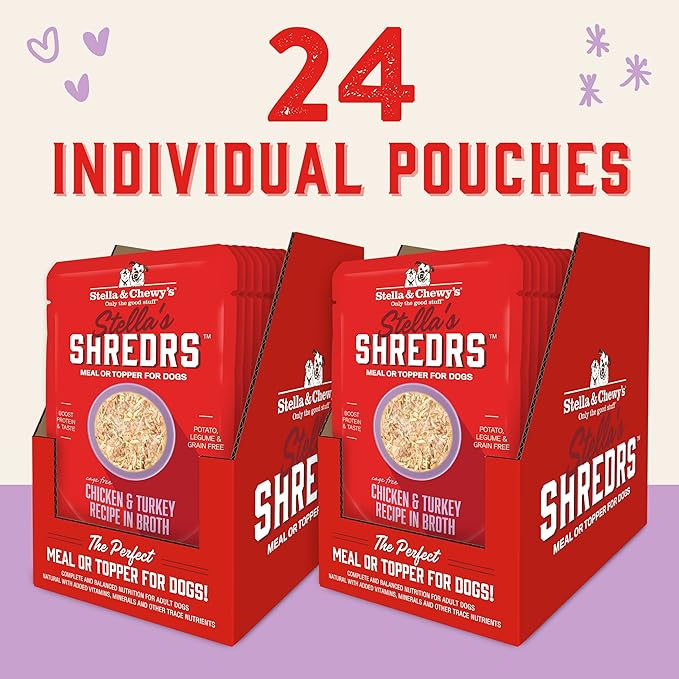 Stella & Chewy's Stella’s Shredrs Cage Free Chicken & Turkey Recipe in Broth, 2.8 oz. Pouches (Pack of 24)