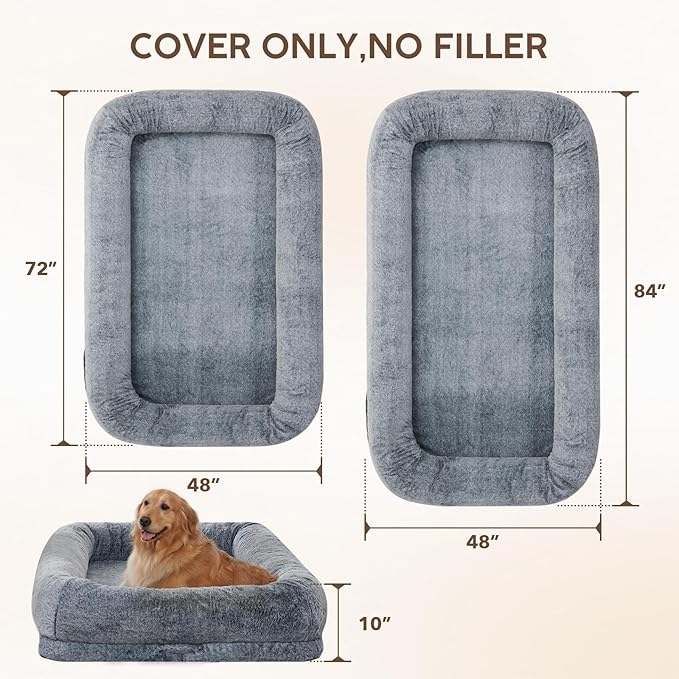 Human Dog Bed Cover (No Filler, Cover only), Human Size Dog Bed Cover Replacement, Suit for 72"x48"x10", 320 GSM Luxurious Fluffy Faux Fur Cover Washable Removable Anti-Slip, Black