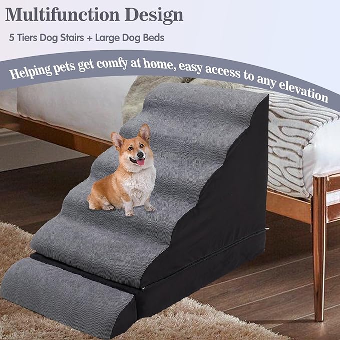 30 inch Foam Pet Stairs for High Beds, Extra Wide 6 Tier Dog Stairs/Steps for High Beds up to 36 Inches High, Non-Slip Dog Ramps for Small Dogs, Injured Pets, and Small Animals, Dark Grey