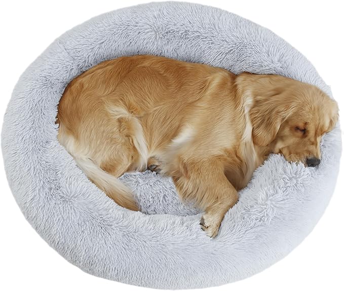 39'' inch Calming Dog Bed, Plush Anti-Anxiety Donut Dog Bed for Small Medium Large Dogs, Warming Cozy Soft Cute Round Washable, Marshmallow Cuddler Nest Pet Bed, Grey