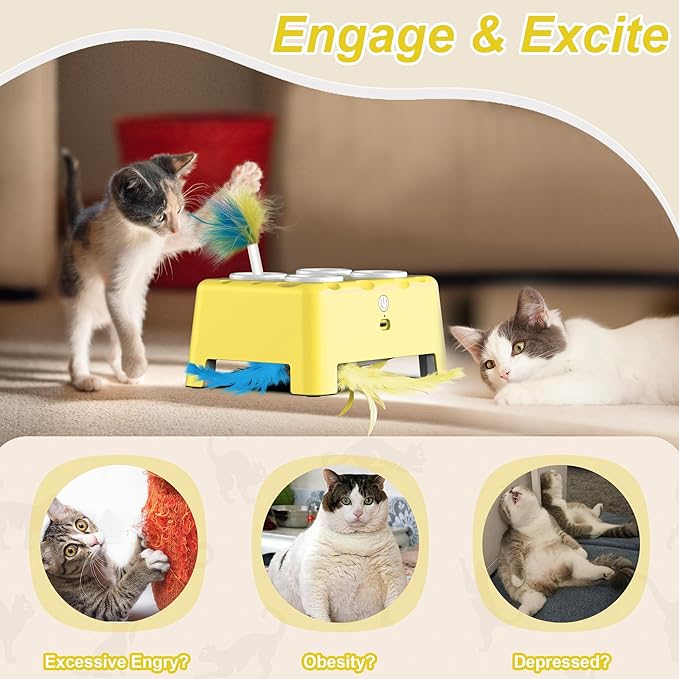 Interactive Cat Toys, 2-in-1 Automatic Cat Toy, 4 Holes Mice Whack A Mole Cat Mouse Toy with Moving Feather, Portable USB Rechargeable Electronic Kitten Toys (Yellow)