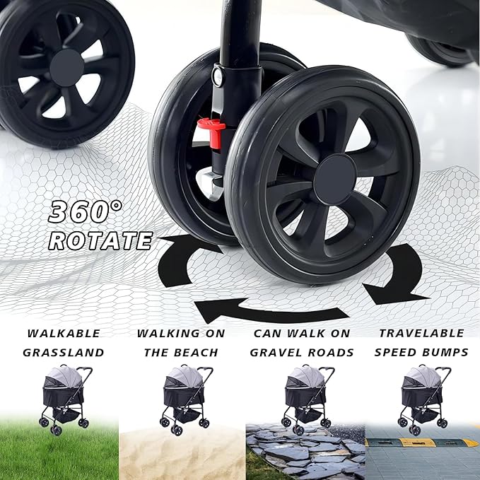 Dog Cat Pet Gear Stroller 3-in-1 Folding Lightweight for Small Medium Dog Cat with Detachable Carrier 4 Wheels