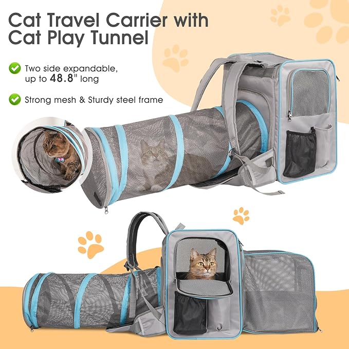 Cat Backpack Carrier with Litter Box, Expandable Portable Cat Carrier Backpack with Cat Tunnel, Cat Travel Carrier with Litter Box, up to 20 lb to Road Trip, Camping, Hiking, Grey