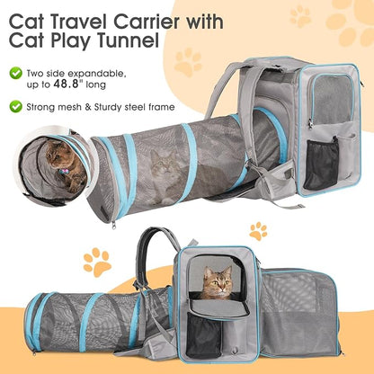 Cat Backpack Carrier with Litter Box, Expandable Portable Cat Carrier Backpack with Cat Tunnel, Cat Travel Carrier with Litter Box, up to 20 lb to Road Trip, Camping, Hiking, Grey