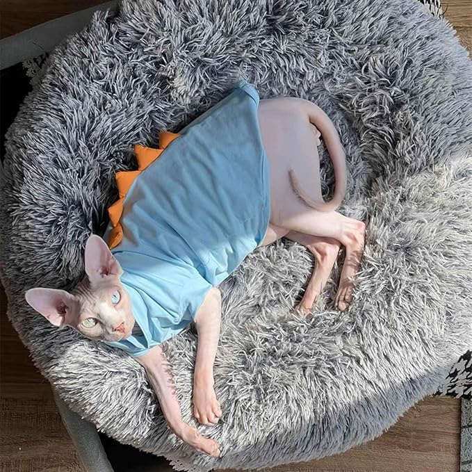 Dinosaur Sphynx Hairless Cat Clothes Cute Summer Cotton Shirts Cat Costume Pet Clothes Kitten T-Shirts Cats Small Dogs Apparel (Lake Blue