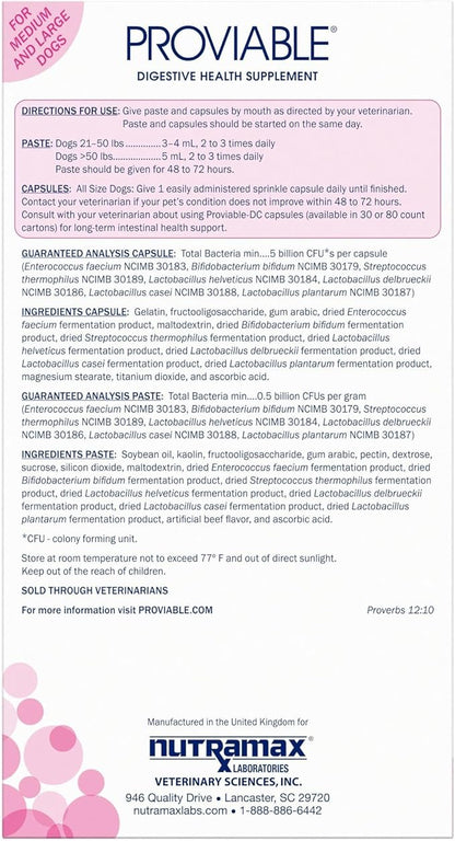 Proviable Digestive Health Supplement Kit with Multi-Strain Probiotics and Prebiotics for Medium to Large Dogs - with 7 Strains of Bacteria, 30 mL Paste and 10 Capsules