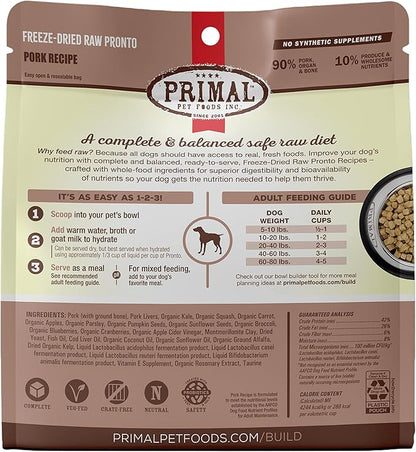 Primal Freeze Dried Dog Food Pronto, Pork; Scoop & Serve, Complete & Balanced Meal; Also Use As Topper or Treat; Premium, Healthy, Grain Free, High Protein Raw Dog Food (25 oz, 2-pack)