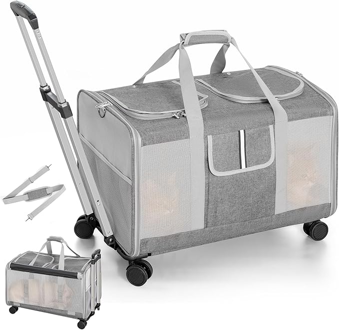 Sedioso Double Cat Carrier with Wheels, 24" L x 14.5" W x 14" H Extra Large Cat Carrier for 2 Big Cats, Soft Rolling Pet Carrier for Dogs Up to 40 Lbs, Double-Compartment Foldable Pet Carrier (Grey)