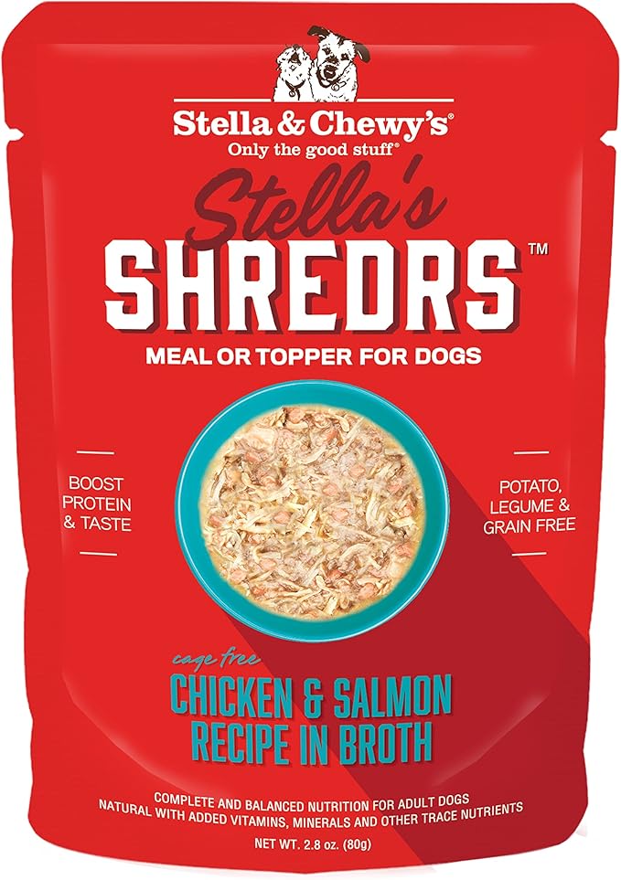 Stella & Chewy's Stella’s Shredrs Cage Free Chicken & Salmon Recipe in Broth, 2.8 oz. Pouches (Pack of 24)