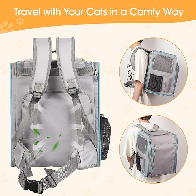 Cat Backpack Carrier with Litter Box, Expandable Portable Cat Carrier Backpack with Cat Tunnel, Cat Travel Carrier with Litter Box, up to 20 lb to Road Trip, Camping, Hiking, Grey