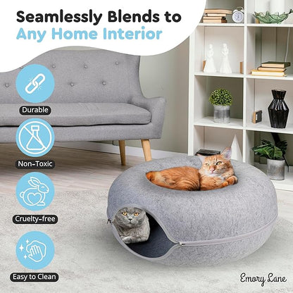 Emory Lane - Premium Cat Cave for Small Pets, Multifunctional Donut Tunnel Bed for Indoor Pets, Round Felt Pet Cave with Premium Zipper, for Pets up to 40 Lbs (24x24x11 Inch) (Light Gray)