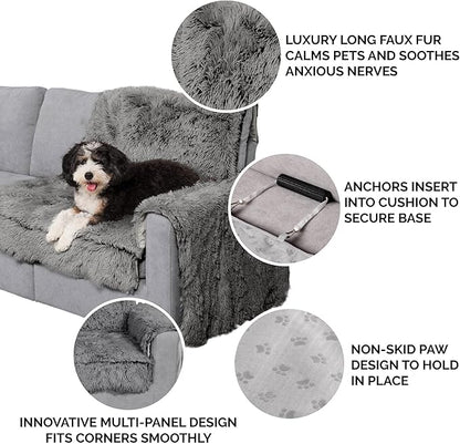 Furhaven Corner Cushion Seat Cover for Dogs & Cats, Washable, For Couches, Sectional Sofas, & L Shaped Couches - Snuggle Spot Shaggy Long Faux Fur Corner Throw - Gray, One Size