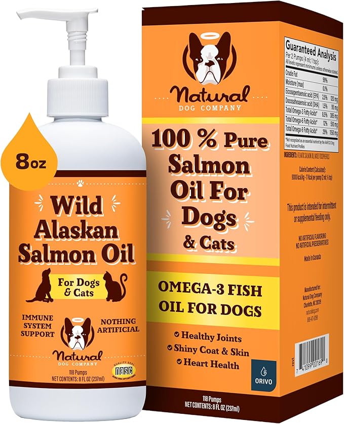 Natural Dog Company Pure Wild Alaskan Salmon Oil for Dogs (8oz) Skin & Coat Supplement for Dogs, Dog Oil for Food with Essential Fatty Acids, Fish Oil Pump for Dogs, Omega 3 Fish Oil for Dogs