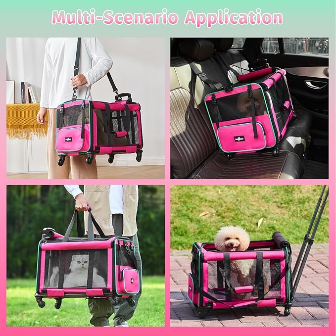 Large Cat Carrier with Wheels, Foldable Rolling Cat Carrier for 2 Cats with Wheels for Cat Dog Under 30 lbs, Cat Carrier Travel Bag with Large Pocket for Outdoor, Pink