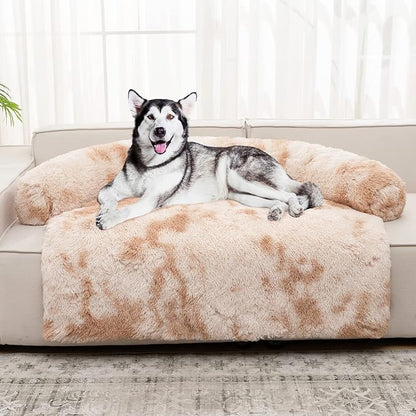 Syalife Shaggy Plush Calming Dog Couch Bed Pet Protector Cover(50"x39"x8", Moka/White)