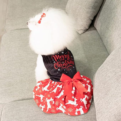 CuteBone Merry Christmas Dog Dress Velvet for Small Dogs Girl Reindeer Puppy Dresses Red Dog Clothes CVA04S-D