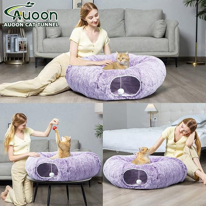 AUOON Cat Tunnel Bed with Central Mat,Big Tube Playground Toys,Soft Plush Material,Full Moon Shape for Kitten,Cat,Puppy,Rabbit,Ferret (Purple)