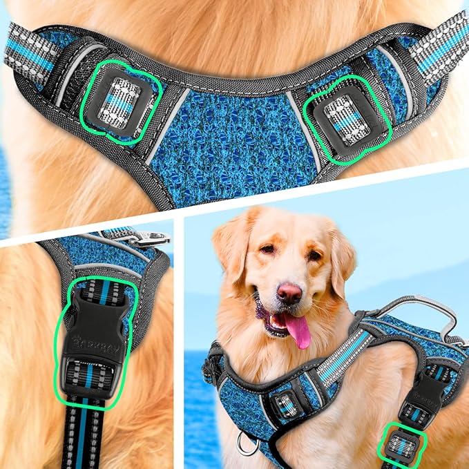 BARKBAY No Pull Dog Harness Large Step in Reflective Dog Harness with Front Clip and Easy Control Handle for Walking Training Running with ID tag Pocket(Blue/Black