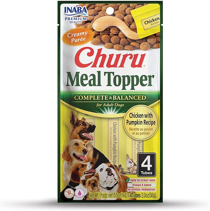 INABA Churu Meal Topper for Dogs, Complete & Balanced, Creamy, Lickable Purée Dog Food Topper, 0.5 Ounce Tube, 4 Tubes (4 per Pack) Chicken with Pumpkin Recipe