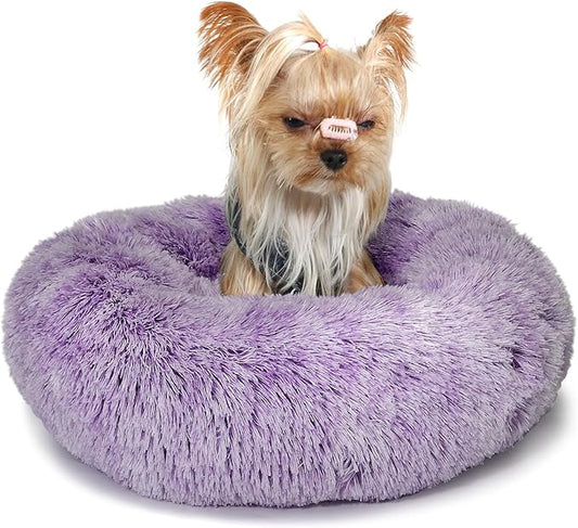 Purple and White Cat Bed for Indoor Cats Washable 15 inches Donut Soft Small Pet Bed 5 lbs