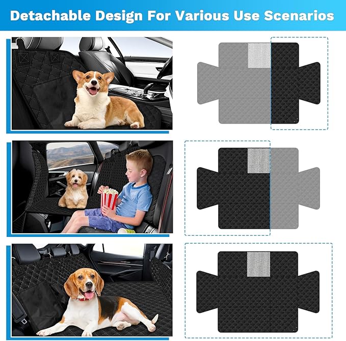 3 In 1 Back Seat Extender for Dogs, 40/60 Split Dog Car Seat Cover with Hard Bottom Dog Car Seat Bed Dog Hammock for Car Pet Backseat Protector with Mesh Window and Storage Pocket for Car(Dark Black)