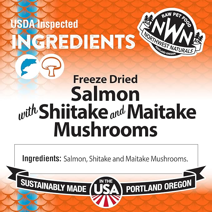 Northwest Naturals Freeze-Dried Salmon, Shiitake & Maitake Mushrooms Functional Topper - for Dogs & Cats - Healthy, Limited Ingredients, Human Grade Pet Food, All Natural - 3.5 Oz (Packaging May Vary)