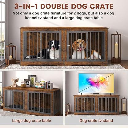 3-in-1 75 Inch Double Dog Crate Furniture 2 Large