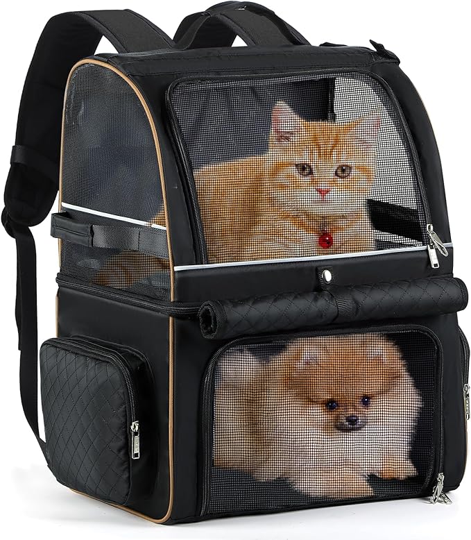 Lekebobor Cat Backpack Carrier for 2 Cats, Double-Compartment Pet Carrier Backpack for Two Small Cats or One Medium Dogs, Cats Carrier Backpack Dog Carrier Backpack Fits Up to 24 Lbs,Quilted Black